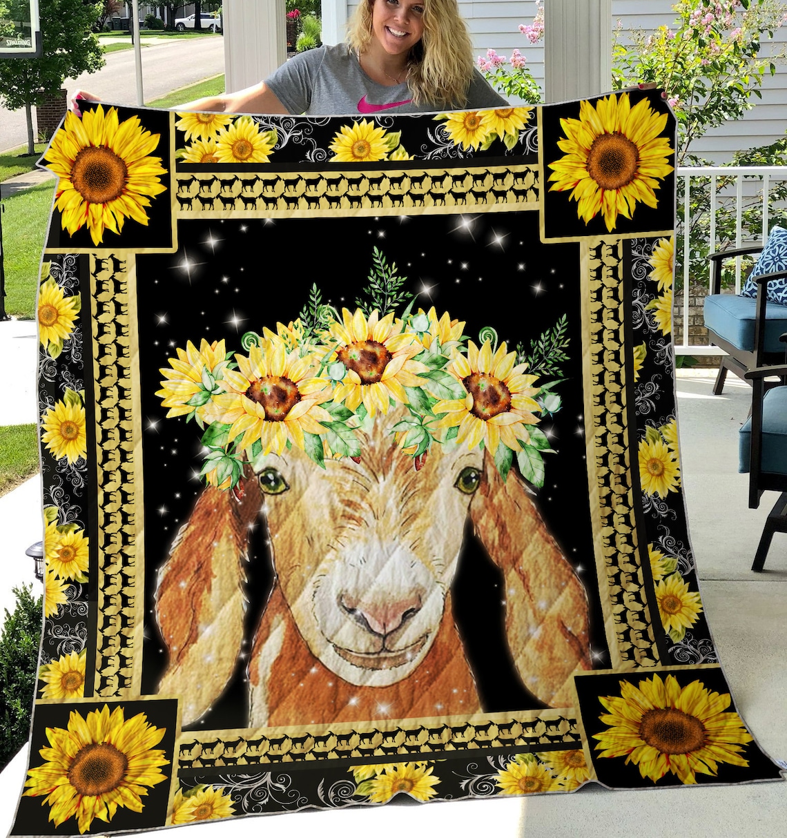Goat Sunflower Personalized Quilt Blanket Goat Quilt Blanket Etsy