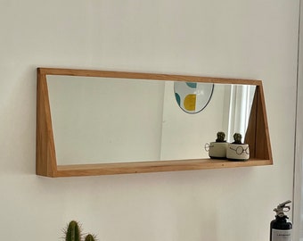 Miroir rectangulaire flottant en bois massif recyclé et sa petite étagère, fabriqué main