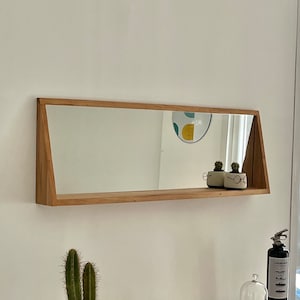 Rectangular floating mirror in recycled solid wood and its small shelf, handmade