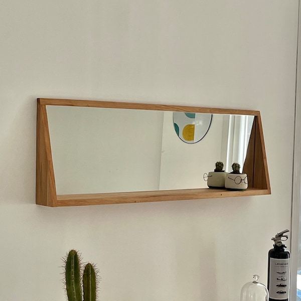 Miroir rectangulaire flottant en bois massif recyclé et sa petite étagère, fabriqué main