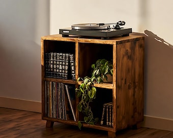 Vintage solid wood furniture – Storage for vinyl records, books and decorations – Retro shelf for living room