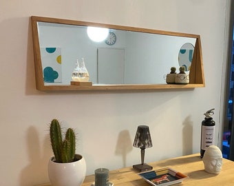 Miroir rectangulaire flottant en bois massif recyclé et sa petite étagère, fabriqué main