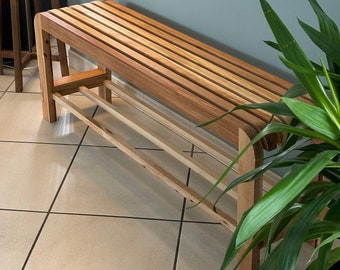 Entrance or hallway bench in decorative recycled solid wood and its practical storage in beech wood