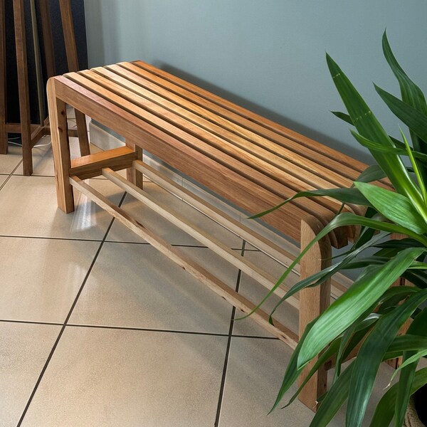 Entrance or hallway bench in decorative recycled solid wood and its practical storage in beech wood