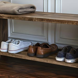 May include: A rustic wooden shoe bench with two shelves. The top shelf holds a folded beige blanket. The lower shelf displays pairs of white sneakers, brown leather loafers, and navy canvas shoes.