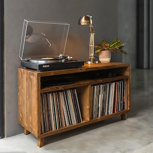 Mueble de madera para tocadiscos y vinilos – Diseño retro en madera maciza, ideal para el salón