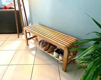 Recycled Wood Entryway Storage Bench with Shoe Shelf