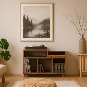 Mobile in legno per dischi in vinile, libreria con vano per l'impianto hi-fi e supporto per giradischi.