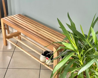 Entrance or hallway bench in decorative recycled solid wood and its practical storage in beech wood