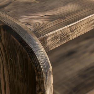 May include: Close-up of a rustic wooden shelf with a natural, weathered appearance. The wood grain is prominent, showcasing the texture and color variations of the material. The shelf has a curved edge and a lower shelf.