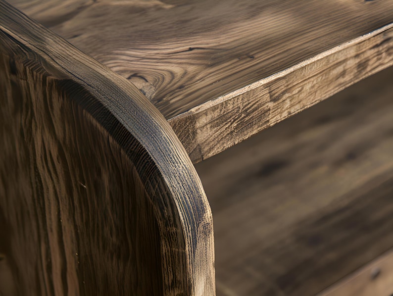 May include: Close-up of a rustic wooden shelf with a natural, weathered appearance. The wood grain is prominent, showcasing the texture and color variations of the material. The shelf has a curved edge and a lower shelf.