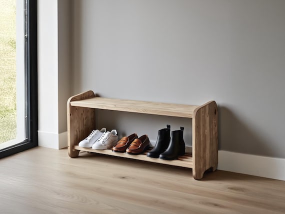 Banc à chaussures en bois massif avec étagère – Meuble d’entrée pratique et décoratif – Rangement chaussures artisanal