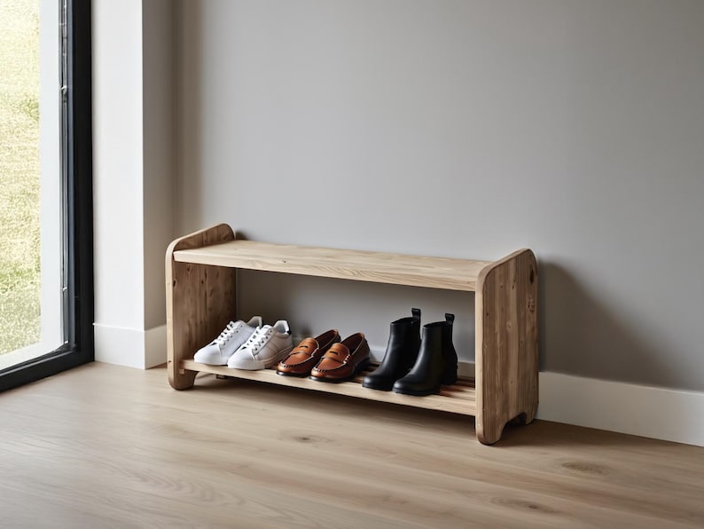 Solid wood shoe bench with shelf – Practical and decorative entryway furniture – Handcrafted shoe storage image 1