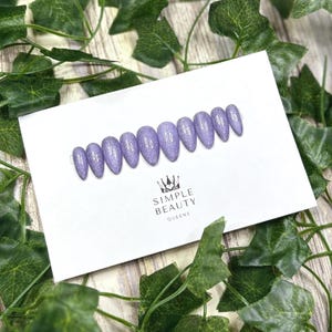 Size Extra Small | Medium Almond | Ready To Ship | Light Purple Reflective | Handmade Press On Nails | Glue On Manicure | 10 Piece Set |