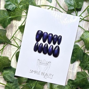 Size Medium | Medium Almond | Ready To Ship | Purple + Blue Reflective Cateye | Handmade Press On Nails | Glue On Manicure | 10 Piece Set |