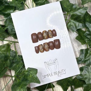 Size Small | Short Square | Ready To Ship | Brown Marble Nails With Gold | Handmade Press On Nails | Glue On Manicure | 10 Piece Set |