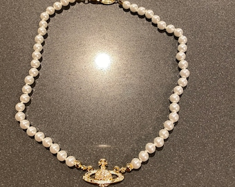 Vivienne Westwood Gold Pearl Necklace With 3d Orb Drop Pendant Etsy
