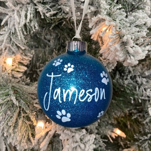 Personalized Christmas Ornaments with Paw Prints, Custom Glitter Name Ornament, Plastic Shatterproof Ball, Sparkly Gift