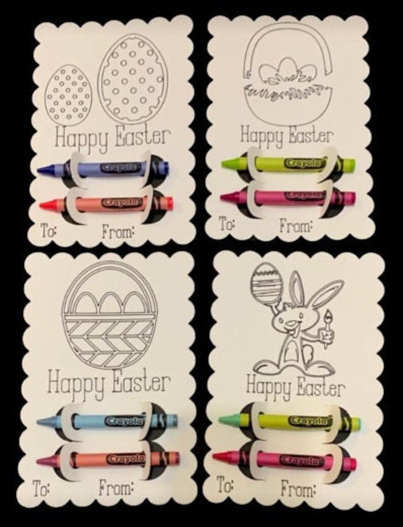 May include: Four blank coloring cards with a Happy Easter message and a different Easter-themed image on each card. Each card has a slot to hold three crayons. The crayons are included.