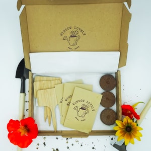 May include: A brown cardboard box with a window and a logo that says "Window Lovely est. 2020". The box contains a gardening kit with wooden plant markers, seed starter pellets, and a small trowel.