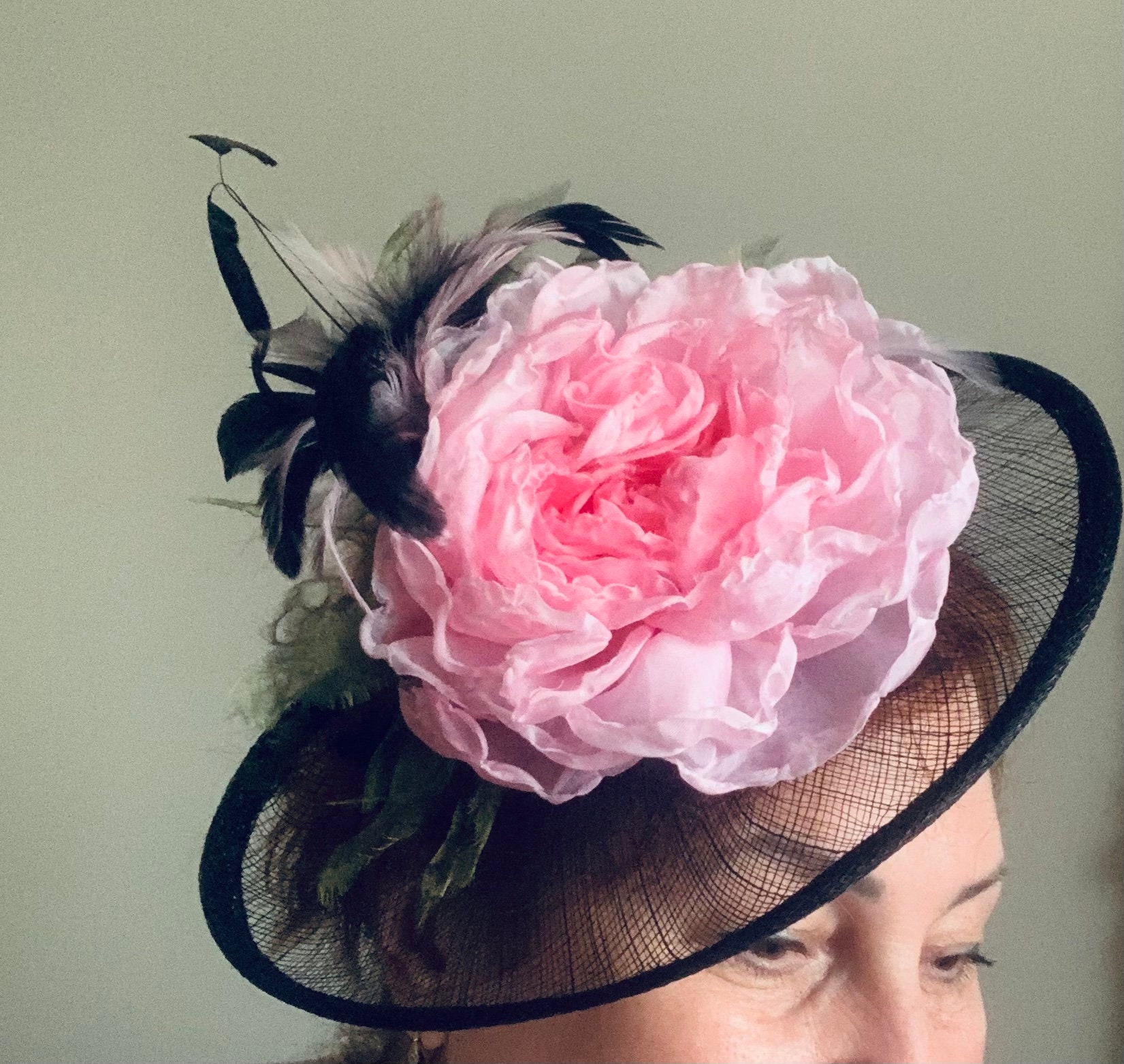 Black Fascinator Hat, Pink Organza Flower, Ascot Hat - Etsy