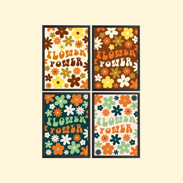 Multiple Colour Flower Power 60s Style Wall Art Prints - Retro - 70s - 80s - 90s - Funky