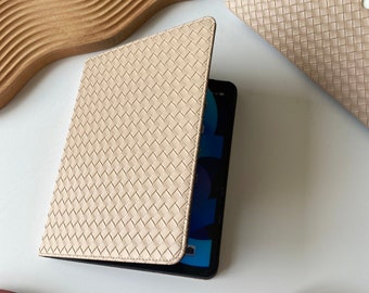 Woven Leather Milky Beige iPad Book Cover Personalised iPad