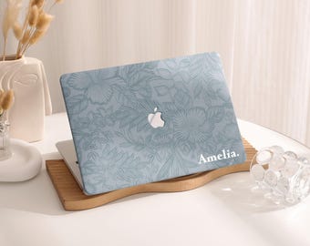 Powder Blue Floral Pattern Hard Case Cover for MacBook M2/M3 Air 13" Macbook Pro 13 14 16 15 Air 12 inch 2023 2022 Unique Laptop Case