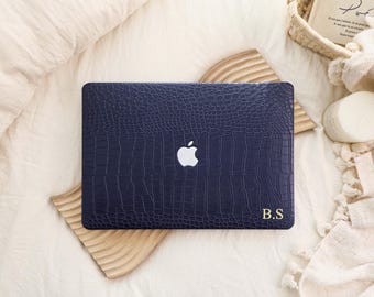 Navy Blue Crocodile Print Leather Hard Case Cover For MacBook M4/M5 Air 13" Macbook Pro 13 14 15 16 Air 15 inch 2025 2026 Unique Laptop Case