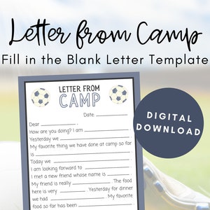 Carta do acampamento, futebol, cartas do acampamento preencher em branco, notas do acampamento de verão, acampamento para dormir, cartão postal do acampamento, download digital, PDF para impressão