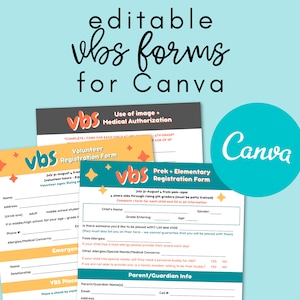 Puede incluir: Un fondo verde azulado con el texto "editable vbs forms for Canva" en escritura negra. La imagen presenta tres formularios con el logotipo "vbs" y el logotipo de Canva. Los formularios son para autorización médica, registro de voluntarios y registro preescolar.