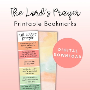 Può includere: Segnalibri stampabili con il testo "Il Padre Nostro". Il design include uno sfondo ad acquerello e un cerchio rosa con il testo "DOWNLOAD DIGITALE". Il testo della preghiera è visualizzato verticalmente.