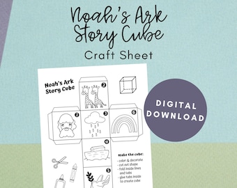 May include: A printable craft sheet for making a Noah's Ark story cube. The sheet includes six different images: Noah, a rainstorm, a rainbow, the ark, a dove with an olive branch, and two giraffes. The sheet also includes instructions for making the cube.