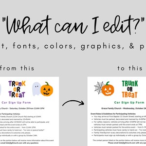 Pode incluir: Um formul&aacute;rio de inscri&ccedil;&atilde;o imprim&iacute;vel para um evento Trunk or Treat. O formul&aacute;rio inclui o texto "Trunk or Treat" em roxo e preto. O formul&aacute;rio tamb&eacute;m inclui o texto "Car Sign Up Form" e o texto "Grace Family Church - S&aacute;bado, 29 de outubro das 11h &agrave;s 13h". O formul&aacute;rio tamb&eacute;m inclui uma lista de regras e diretrizes do evento para os ve&iacute;culos participantes.