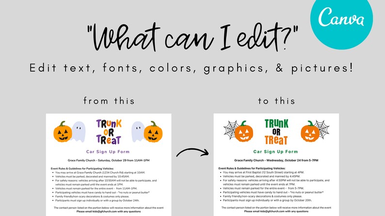 Pode incluir: Um formul&aacute;rio de inscri&ccedil;&atilde;o imprim&iacute;vel para um evento Trunk or Treat. O formul&aacute;rio inclui o texto "Trunk or Treat" em roxo e preto. O formul&aacute;rio tamb&eacute;m inclui o texto "Car Sign Up Form" e o texto "Grace Family Church - S&aacute;bado, 29 de outubro das 11h &agrave;s 13h". O formul&aacute;rio tamb&eacute;m inclui uma lista de regras e diretrizes do evento para os ve&iacute;culos participantes.
