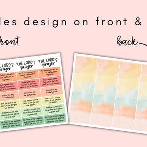 May include: A sheet of stickers with the text "THE LORD'S prayer" repeated. The front of the stickers have the prayer printed on them with a colorful background. The back of the stickers have a watercolor design with pastel colors.