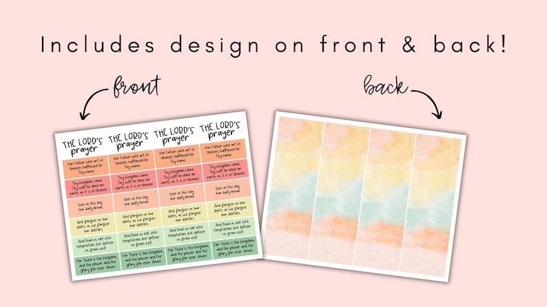 May include: A sheet of stickers with the text "THE LORD'S prayer" repeated. The front of the stickers have the prayer printed on them with a colorful background. The back of the stickers have a watercolor design with pastel colors.