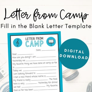 Letter from Camp, Music, Camp Letters Fill in Blank, Summer Camp Notes, Sleep Away Camp, Camp Postcard, Digital Download, Printable PDF