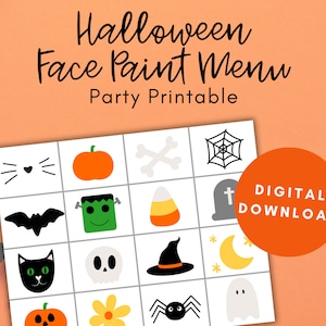 Halloween-Gesicht malen Menü, Gesichtsmalerei-Design, Party zum ausdrucken, Party-Aktivität, Kinderparty, Designtafel, 31. Oktober, digitaler Download