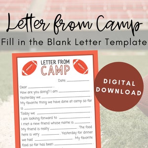 Carta del campamento, fútbol, cartas para completar en blanco, notas del campamento de verano, campamento de verano, postal del campamento, descarga digital, PDF imprimible