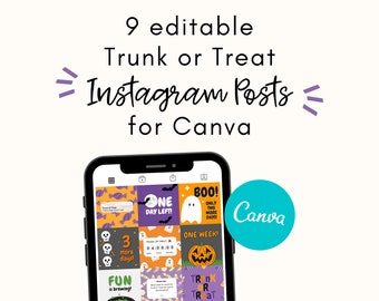 Modelo Canva do Instagram, Trunk or Treat, editável, download digital, evento de Halloween, ministério infantil, postagens em mídias sociais, planejamento de eventos