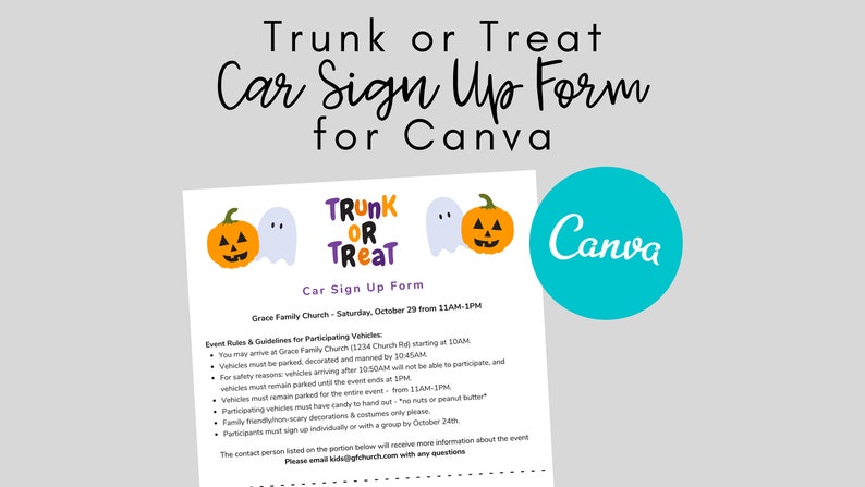 Pode incluir: Um formul&aacute;rio de inscri&ccedil;&atilde;o imprim&iacute;vel para um evento Trunk or Treat na Igreja Grace Family Church. O formul&aacute;rio inclui detalhes do evento, regras e diretrizes para os ve&iacute;culos participantes. O formul&aacute;rio &eacute; decorado com um gr&aacute;fico de ab&oacute;bora e fantasma. O texto no formul&aacute;rio diz "Trunk or Treat Car Sign Up Form".