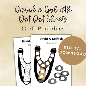 May include: Two printable dot-to-dot sheets featuring a slingshot, with the text "David & Goliath" and "1 Samuel 17".  The sheets are black and white with brown accents.  The text "DIGITAL DOWNLOAD" is in a brown rectangle.