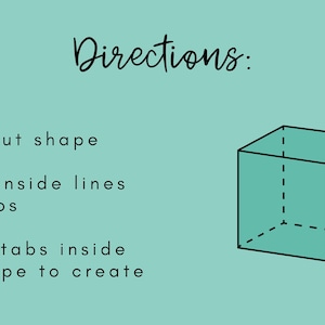 May include: Instructions for making a cube out of paper. The instructions are written in black text on a light blue background. The image shows a 3D cube with dashed lines indicating where to fold the paper.