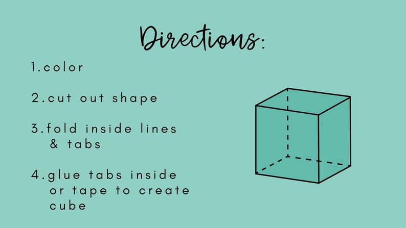 May include: Instructions for making a cube out of paper. The instructions are written in black text on a light blue background. The image shows a 3D cube with dashed lines indicating where to fold the paper.