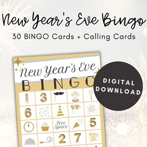Oudejaarsbingo, oudejaarsavondspel, afdrukbare bingokaarten, oudejaarsavondfeest, afdrukbaar bingospel, bingo voor kinderen, NYE-feest