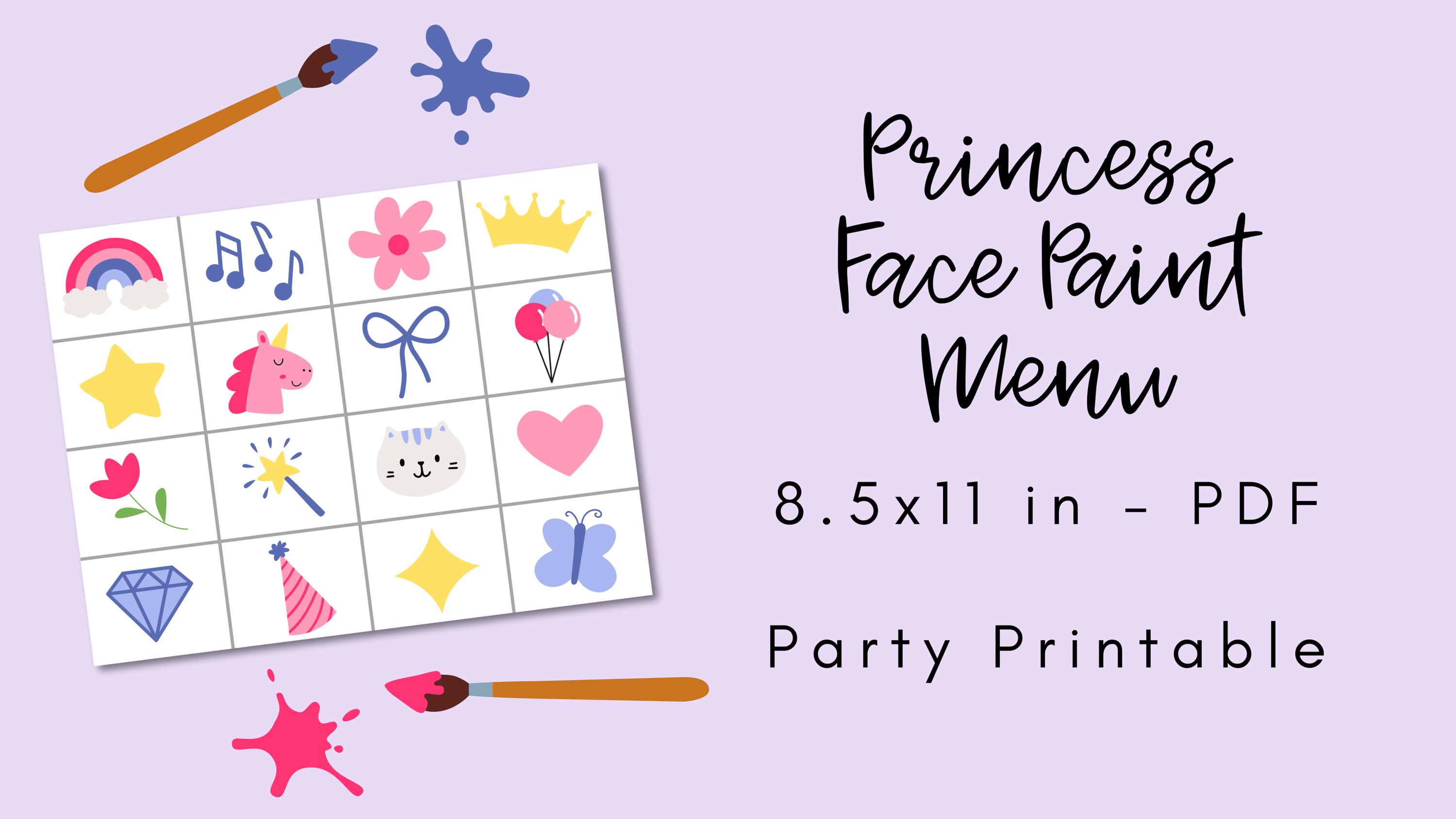 Princess Face Paint Menu, Face Painting Design, Party Printable, Party ...