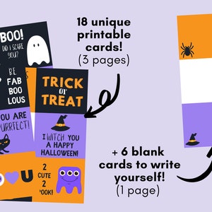 May include: Printable Halloween cards with various designs, including ghosts, spiders, pumpkins, and candy. There are 18 unique cards and 6 blank cards for writing your own messages. The cards are printed on white paper with orange and purple accents.