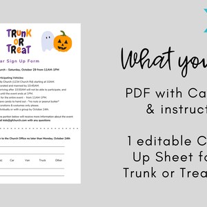 Pode incluir: Uma folha de inscri&ccedil;&atilde;o imprim&iacute;vel para um evento Trunk or Treat. A folha &eacute; decorada com um fantasma e uma ab&oacute;bora. O texto na folha diz "Trunk or Treat Car Sign Up Form".