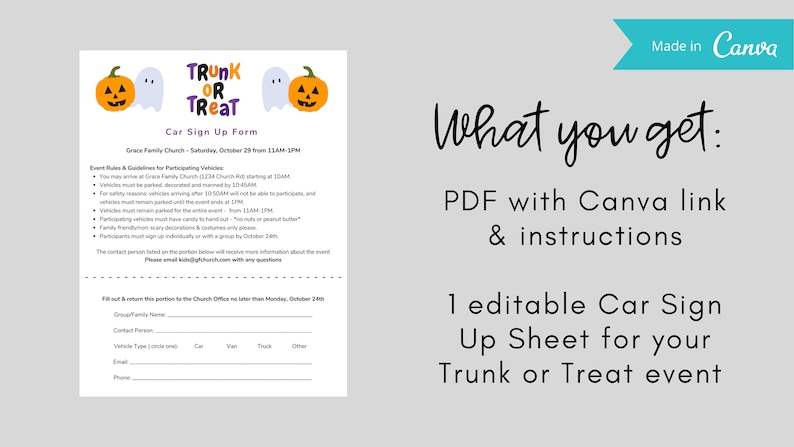 Pode incluir: Uma folha de inscri&ccedil;&atilde;o imprim&iacute;vel para um evento Trunk or Treat. A folha &eacute; decorada com um fantasma e uma ab&oacute;bora. O texto na folha diz "Trunk or Treat Car Sign Up Form".